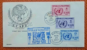 Philippines Stamps 1947 FDC SC # 516-518 - ECAFE: United Nations Emblem Unsealed - Picture 1 of 2