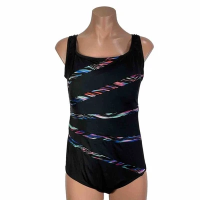 Vintage 90s One Piece Bathing SwimSuit Longitude Black Colorful Striped Size 16 - Image 1 of 4