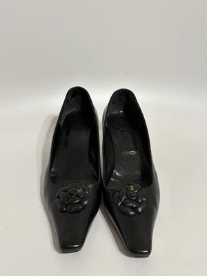 Vtg Chanel Black Leather CC Logo Camellia Heels 37 - Image 1 of 4