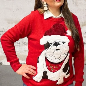 Merry Christmas by Poof Women's Red Bulldog Sweater Size Small - Picture 1 of 6