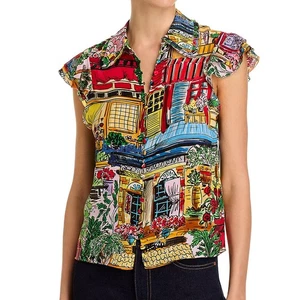 Alice + Olivia Martel Vacation Dreams Print Shirt Blouse Flutter Sleeve L - Picture 1 of 13