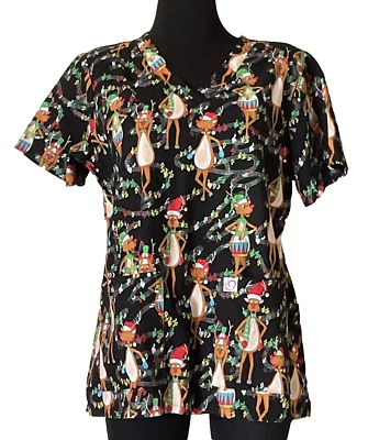 Rudolph the Red Nosed Reindeer Holiday Scrub Top by Peaches Uniforms Size Large - Image 1 of 4