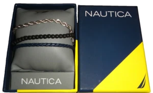 NAUTICA Men's 3-PC SET Bracelets Stainless Steel & Genuine Leather + Gift Box - Picture 1 of 3