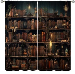 Vintage Bookshelf Curtain Middle Ages 3D Design Bookshelf Drapes Mid Century ... - Picture 1 of 8