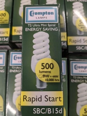 Pack10 x Crompton SBC T2 Ultra Mini Spiral 9w CFL Bulb 2700k warm white - Image 1 of 4
