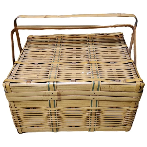 Vintage Asian Bamboo Picnic Basket Knickknack Box Decor Sewing Box Hope Chest Cover