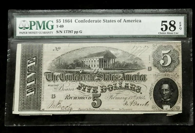 $5 1864 Confederate States of America. PMG 58 EPQ, Choice aUNC - Image 1 of 2