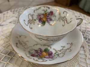 Demitasse Cup & Saucer Gold Trim w/ Flowers & Fruit Good Condition - Picture 1 of 2