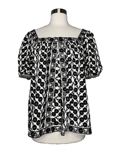 Max Studio Top Women Medium NWT Black Cream Floral Pleated Tunic Short Sleeve - Picture 1 of 11