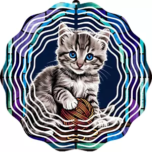 Kitten Wind Spinner 10" Metal 3D Yard Art Cat Blue Eyes Outdoor Garden Decor - Picture 1 of 9