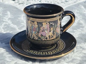 Hand Made in GREECE in 24 K Gold TEA CUP & SAUCER Greek Mythology Gold Black - Picture 1 of 6
