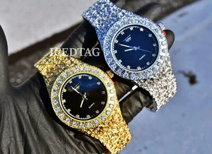 MENS HIP HOP ICY ICED TRENDY BLACK NUGGET CUBIC DIAMOND LUXURY STYLISH WATCH - Picture 1 of 5