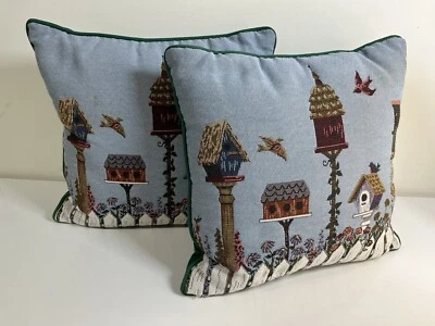 2 Riverdale Tapestry Needlepoint Pillows Birdhouse Floral Garden Bird 14” Cottag - Image 1 of 4