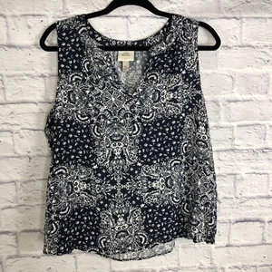 Knox Rose Women Top XL Blue Floral Blouse Boho Button Up Sleeveless Rayon V Neck - Picture 1 of 7