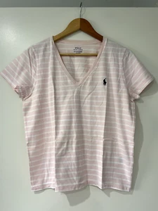 Polo Ralph Lauren Stripe V-Neck Short Sleeve Tee Pink Size XL - Picture 1 of 9