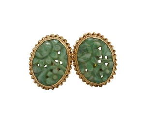 Vintage 14k Yellow Gold Carved Green Jade Screw Back Earrings 6.6g - Picture 1 of 8