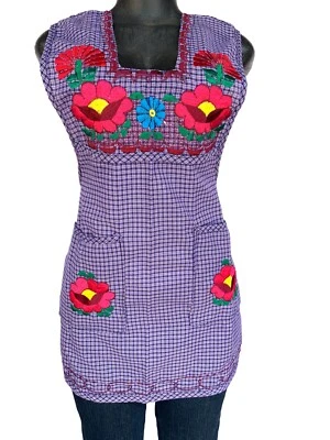 Mexican Small Purple Woman Apron, Flower Embroidery Handy Pocket Mandil Delantal - Image 1 of 4