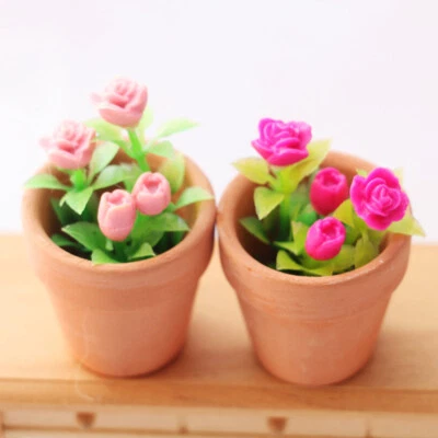 2PC 1/6 Scale Dollhouse Miniature Rose Plant Potted Flowers Pots Garden Decor - Image 1 of 4