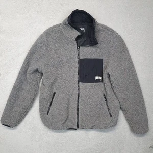 Stussy Teddy Jacket Fleece Men Medium M Full Zip Grey Polyester - Picture 1 of 8