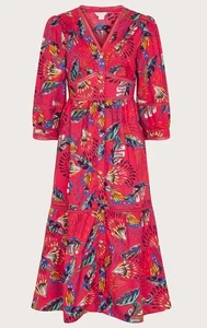 New Monsoon Flavia Cotton Feather Midi Dress UK 22 Red/Pink Travel Summer  - Picture 1 of 11