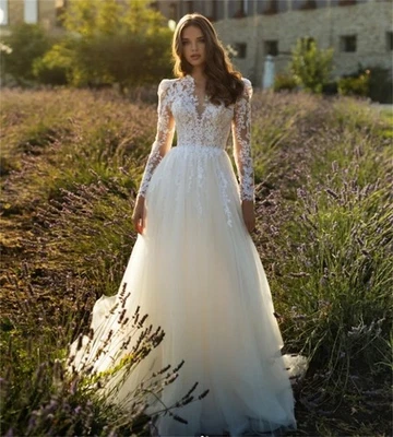 Boho A-Line Wedding Dresses V-Neck Long Sleeves Lace Applique Beach Bridal Gowns - Image 1 of 4