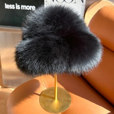 Sombrero de piel de zorro real para mujer Gorros tejidos Cálido Sombrero de cubo Sombrero de bombín Gorra al aire libre Foto 1 de 4