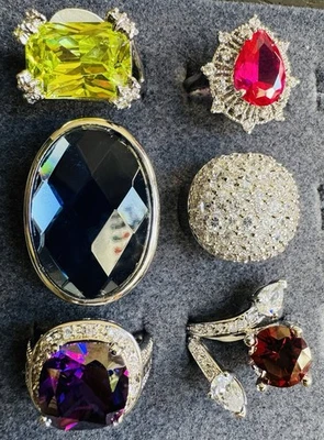 Lote de 6 Anillos de Cóctel Circonita Cúbica en Plata Rodio Talla 7 Alta Calidad NUEVO Foto 1 de 4