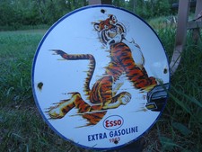 OLD VINTAGE 1963 ESSO EXTRA GASOLINE PORCELAIN ENAMEL GAS PUMP SIGN TIGER