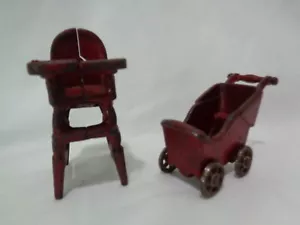 Antique Kilgore Original Red Paint Paperweight Dollhouse Buggy & High Chair - Picture 1 of 10