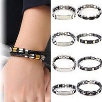 Fashion Mens Jewelry 316L Stainless Steel Bracelet Chic Link Black Rubber Bangle