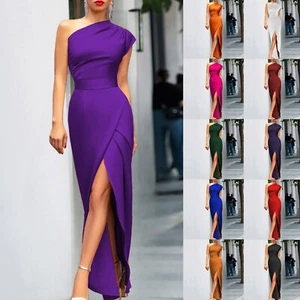 Women One Shoulder Long Formal Dress Sleeveless Bodycon Wedding Slit Maxi Dress - Bild 1 von 54