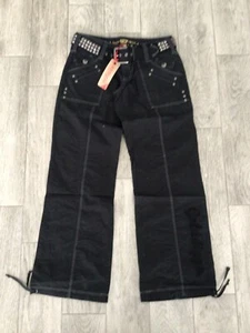 LADIES GOLDDIGGA LOGO WIDE LEG FASHION CANVAS PANTS WITH STUD BELT BLACK SIZE 12 - Picture 1 of 3