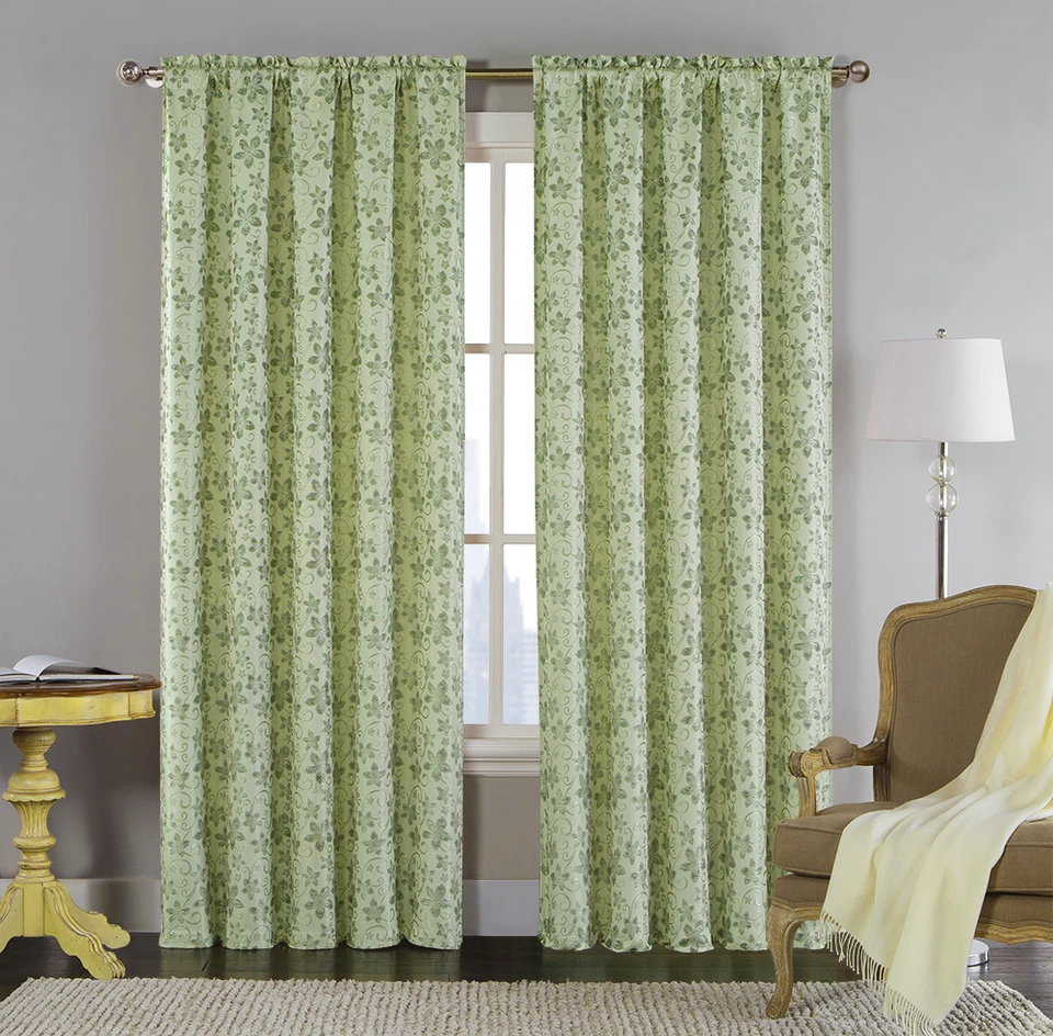 Одинарная (1) жаккардовая оконная занавеска панель: зеленый шалфей, металлический цветочный дизайн - Изображение 1 из 1