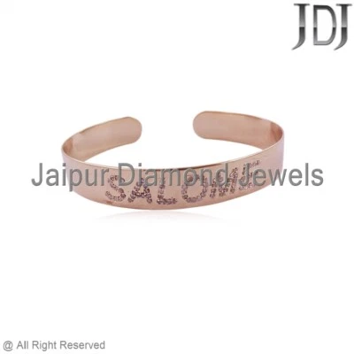 Personalized Initial Charm Natural Pave Diamond 925 Silver Jewelry Open Bangle - Image 1 of 4