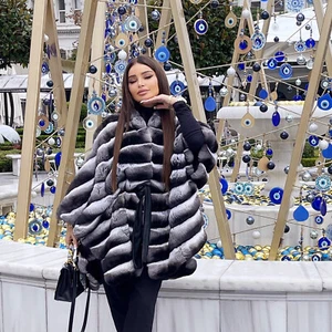 Poncho donna moda oversize vera pelliccia di coniglio rex mantello scialle avvolgente con cintura - Foto 1 di 6