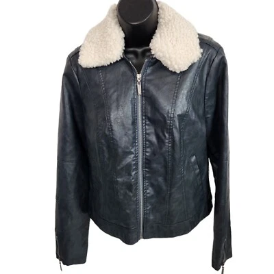 JouJou Mujer Chaqueta Imitación Cuero Vegano Moto Bombardero Negro Cuello Sherpa GRANDE  Foto 1 de 4