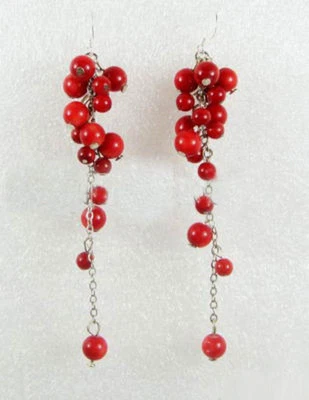 Red Coral Beads Custer Grape Silver Hook Long Dangle Earrings Fashion Women Girl - Image 1 of 3