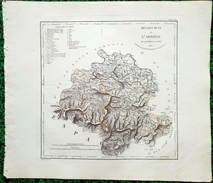 Dépt 09 - Atlas Royaume de France Rare Carte Aquarellée 45x40 cm + Texte - 1823 - Picture 1 of 2