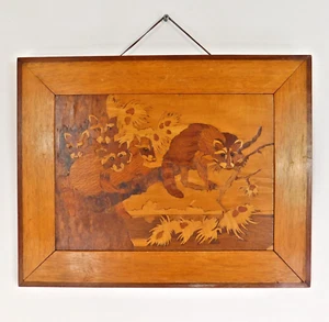 Vintage Wooden Marquetre Inlay Picture Racoon Family 40cm x 50cm - Picture 1 of 7
