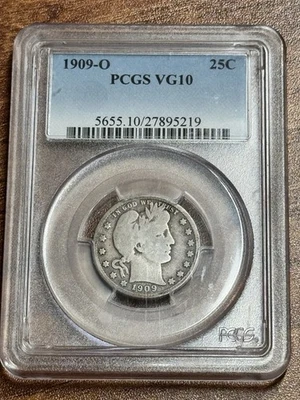 1909 O Barber Silver Quarter PCGS VG10 Key Date US 25c Type Coin (Slab1293) - Image 1 of 2