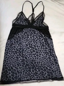 Victoria’s Secret Leopard Print Gray Babydoll Lace Trim Chemise Lingerie Med - Picture 1 of 11