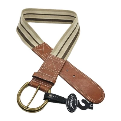 FOSSIL Stretch Belt leather M retro cafe french chic Khaki Stripe Elastic NWT - Image 1 of 4