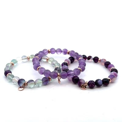 Designer LR Rose Tone Agate Amethyst Praisolite Lot Of 3 Stretchable Bracelets - Image 1 of 4