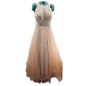 Glamour by Terani Light Peach Blush Beaded Sleeveless Ball Gown Prom Dress 14 L - Picture 1 of 14