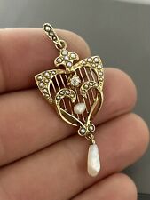 ANTIQUE VICTORIAN DIAMOND SEED PEARL LAVALIER NECKLACE PENDANT 14K YELLOW GOLD