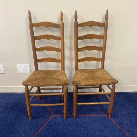 Vintage Oak Wood Ladder Back Colonial Shaker Woven Rush Seat Chairs ''2 TOTAL' Cover