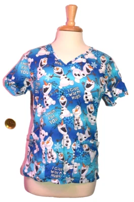 DISNEY Frozen Scrub Blue All-Over Print Olaf Warm Hugs | Women's XS Extra Small - Image 1 of 4