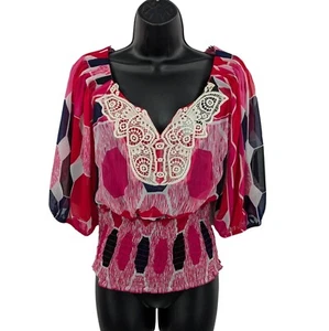 XOXO Y2K Blouse Women Size M Sheer Geometric Smocked Balloon Sleeve Office Boho - Picture 1 of 10