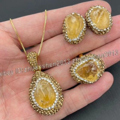 天然黄玉原始宝石镶嵌黄金耳钉耳环戒指吊坠项链套装  — 第 1/4 张图片