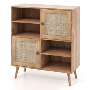 Modern Sideboard Buffet Floor Cabinet Rattan Living Room w/2 Doors & 2 Cubbies - Picture 1 of 13